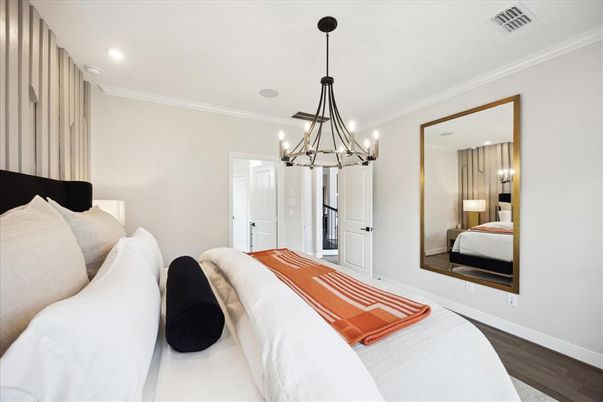 Bedroom, Interior, Pendant Lights, Recessed Lighting, Wood Texture Flooring
