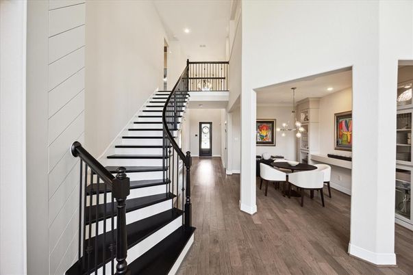 Dining room, Interior, Pendant Lights, Recessed Lighting, Wood Texture Flooring