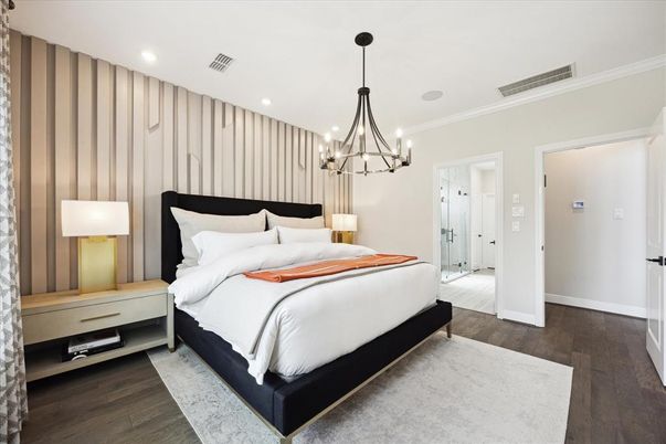 Bedroom, Interior, Pendant Lights, Recessed Lighting, Wood Texture Flooring