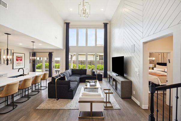 Interior, Living room, Pendant Lights, Recessed Lighting, Wood Texture Flooring