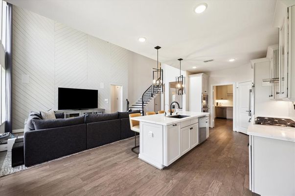 Interior, Kitchen, Living room, Pendant Lights, Recessed Lighting, Wood Texture Flooring