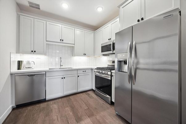 Interior, Kitchen, Recessed Lighting, Stainless Steel Appliances, Wood Texture Flooring