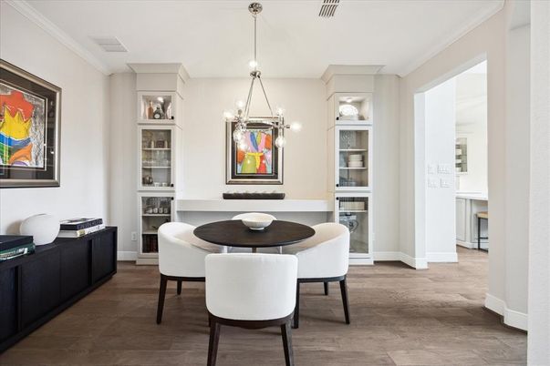 Dining room, Interior, Pendant Lights, Wood Texture Flooring