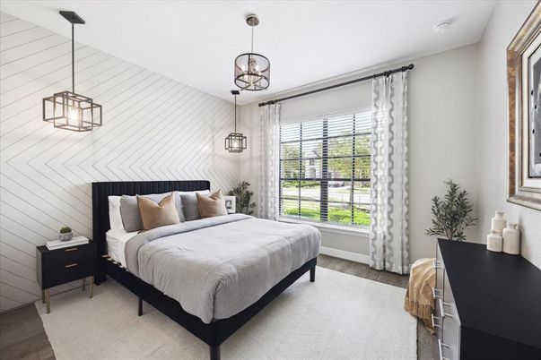 Bedroom, Interior, Pendant Lights, Wood Texture Flooring