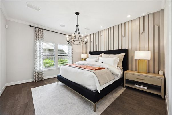 Bedroom, Chandelier, Interior, Pendant Lights, Recessed Lighting, Wood Texture Flooring