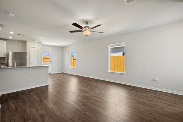 Empty room, Interior, Kitchen, Recessed Lighting, Wood Texture Flooring