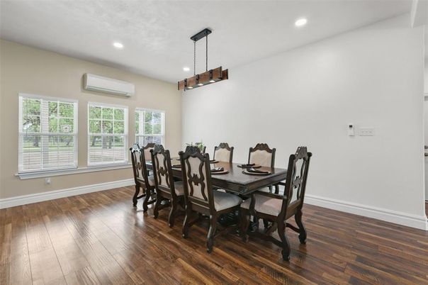 Dining room, Interior, Pendant Lights, Recessed Lighting, Wood Texture Flooring