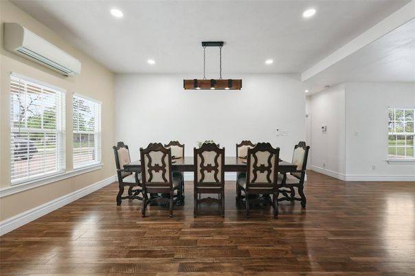 Dining room, Interior, Pendant Lights, Recessed Lighting, Wood Texture Flooring