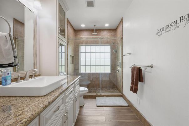 Bathroom, Glass Shower, Interior, Recessed Lighting, Wood Texture Flooring