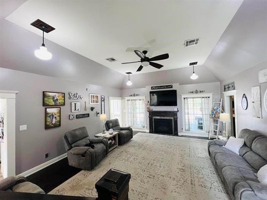 Fireplace, Interior, Living room, Pendant Lights