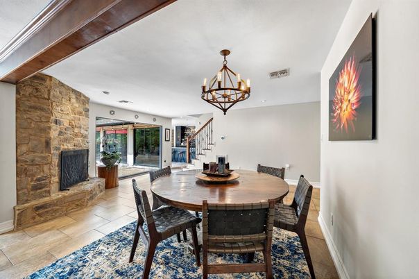 Chandelier, Dining room, Fireplace, Interior, Recessed Lighting