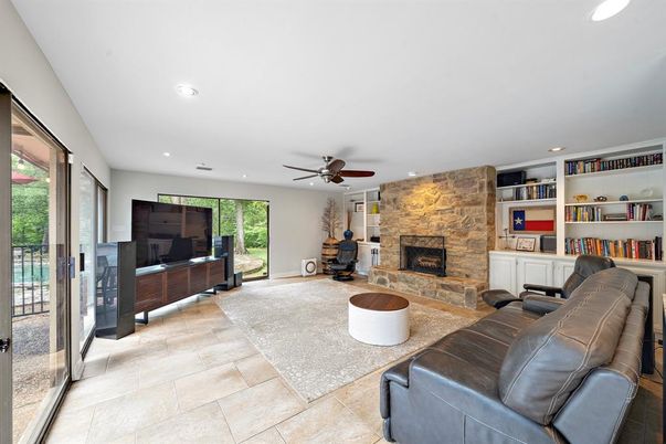 Fireplace, Interior, Living room, Recessed Lighting, Stone Walls
