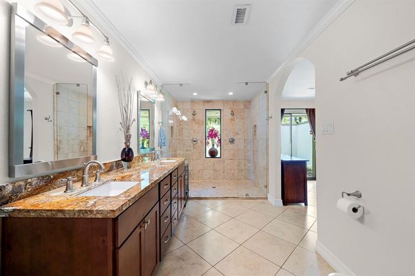 Bathroom, Dual Sink Vanities, Glass Shower, Interior, Recessed Lighting