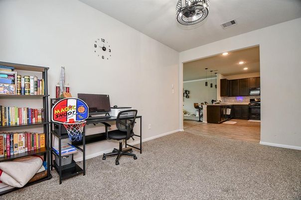 Home Office, Interior, Kitchen, Pendant Lights, Recessed Lighting, Wood Texture Flooring