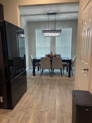 Chandelier, Dining room, Interior, Wood Texture Flooring