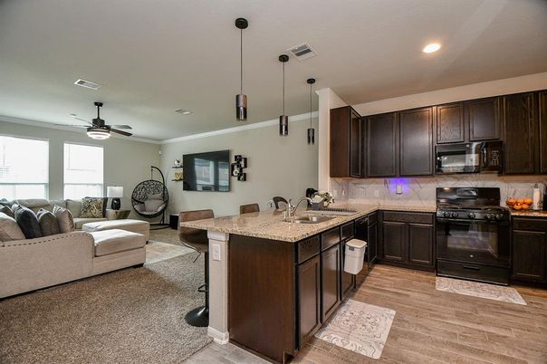 Interior, Kitchen, Living room, Pendant Lights, Recessed Lighting, Wood Texture Flooring