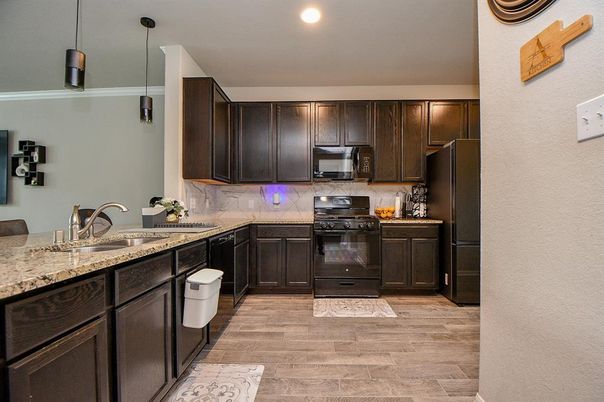 Interior, Kitchen, Pendant Lights, Recessed Lighting, Wood Texture Flooring