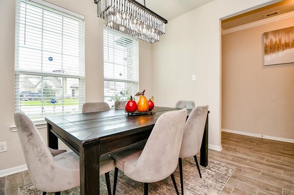 Chandelier, Dining room, Interior, Wood Texture Flooring
