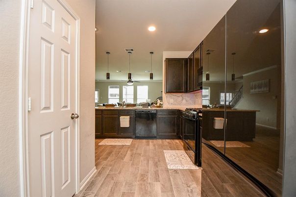 Interior, Kitchen, Pendant Lights, Recessed Lighting, Wood Texture Flooring