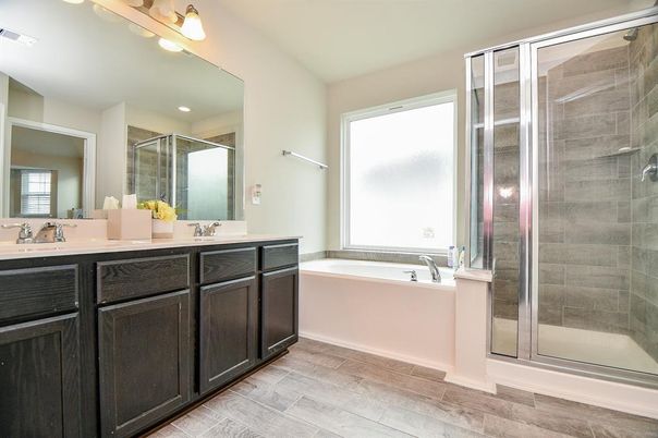Bathroom, Dual Sink Vanities, Glass Shower, Interior, Wood Texture Flooring