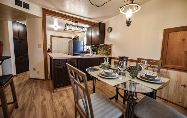 Dining room, Interior, Pendant Lights, Wood Texture Flooring