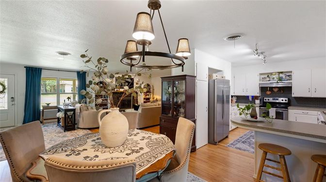 Dining room, Interior, Kitchen, Living room, Pendant Lights, Wood Texture Flooring