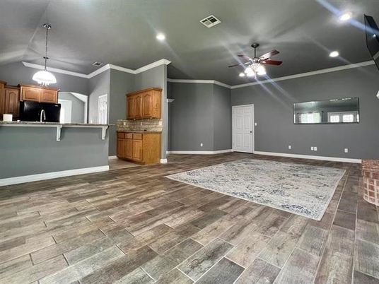 Empty room, Interior, Kitchen, Pendant Lights, Recessed Lighting, Wood Texture Flooring