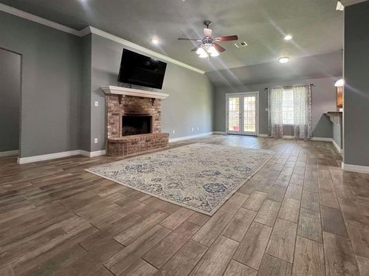 Empty room, Fireplace, Interior, Recessed Lighting, Wood Texture Flooring