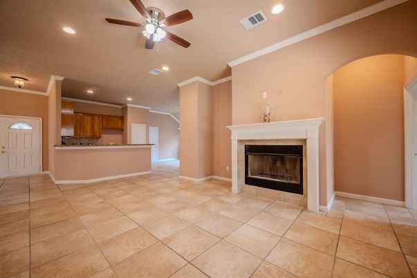 Empty room, Fireplace, Interior, Kitchen, Recessed Lighting