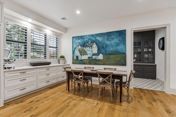 Dining room, Interior, Recessed Lighting, Wood Texture Flooring