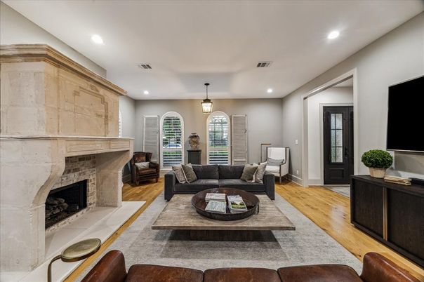 Fireplace, Interior, Living room, Pendant Lights, Recessed Lighting, Wood Texture Flooring