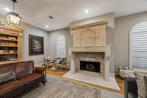 Dining room, Fireplace, Interior, Pendant Lights, Recessed Lighting, Wood Texture Flooring