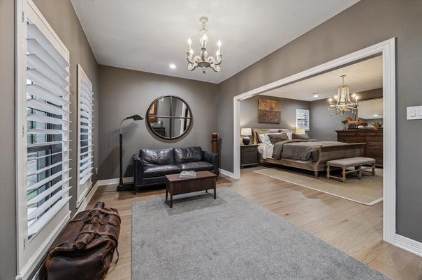 Bedroom, Chandelier, Interior, Recessed Lighting, Wood Texture Flooring