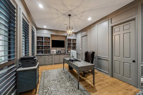 Home Office, Interior, Pendant Lights, Recessed Lighting, Wood Texture Flooring