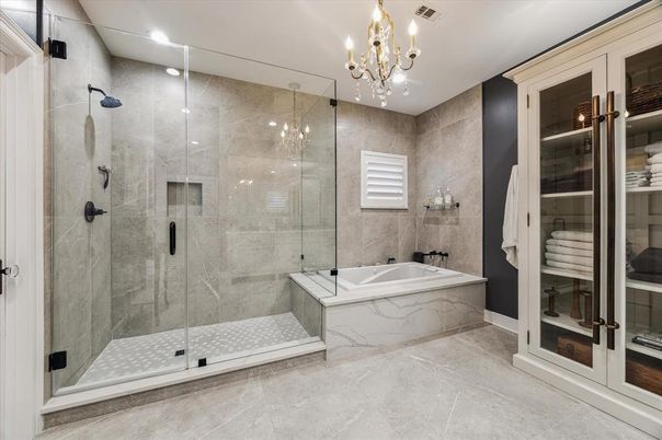 Bathroom, Chandelier, Glass Shower, Interior, Recessed Lighting
