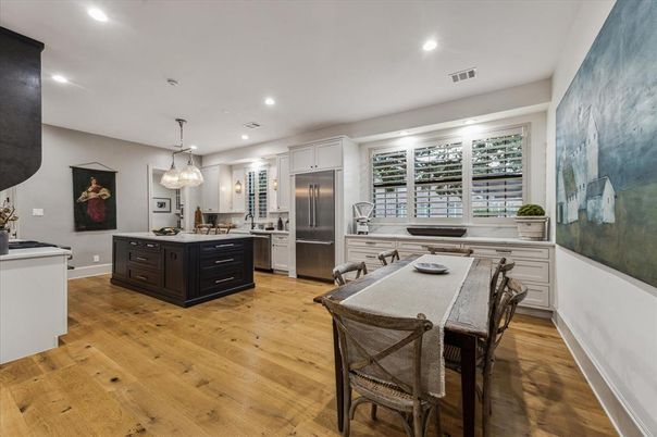Dining room, Interior, Kitchen, Pendant Lights, Recessed Lighting, Stainless Steel Appliances, Wood Texture Flooring
