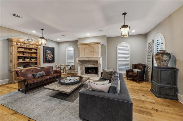 Fireplace, Interior, Living room, Pendant Lights, Recessed Lighting, Wood Texture Flooring