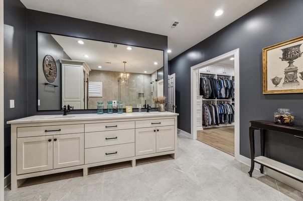 Bathroom, Chandelier, Dual Sink Vanities, Interior, Recessed Lighting, Walk-in Closets, Wood Texture Flooring