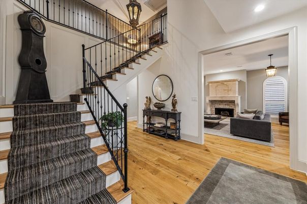 Fireplace, Interior, Pendant Lights, Recessed Lighting, Wood Texture Flooring