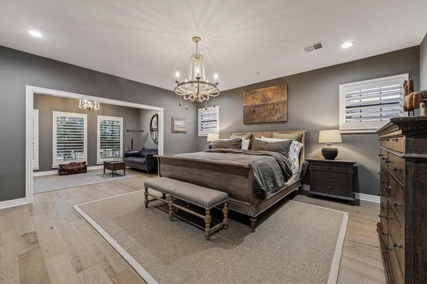Bedroom, Chandelier, Interior, Recessed Lighting, Wood Texture Flooring