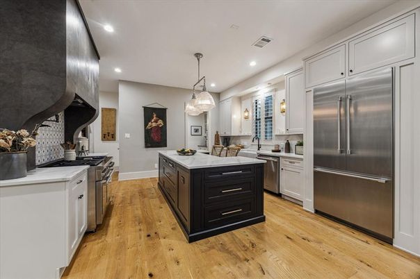 Interior, Kitchen, Pendant Lights, Recessed Lighting, Stainless Steel Appliances, Wood Texture Flooring