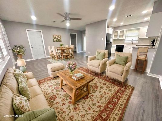 Dining room, Interior, Kitchen, Living room, Recessed Lighting, Wood Texture Flooring