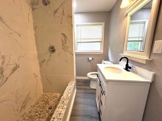 Bathroom, Interior, Marble Walls, Wood Texture Flooring