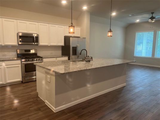 Empty room, Interior, Kitchen, Pendant Lights, Recessed Lighting, Wood Texture Flooring