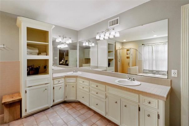 Bathroom, Dual Sink Vanities, Interior, Recessed Lighting, Tile Countertops