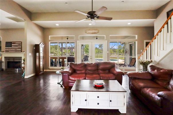 Fireplace, Interior, Living room, Recessed Lighting, Wood Texture Flooring