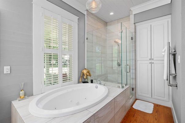 Bathroom, Glass Shower, Interior, Recessed Lighting, Wood Texture Flooring
