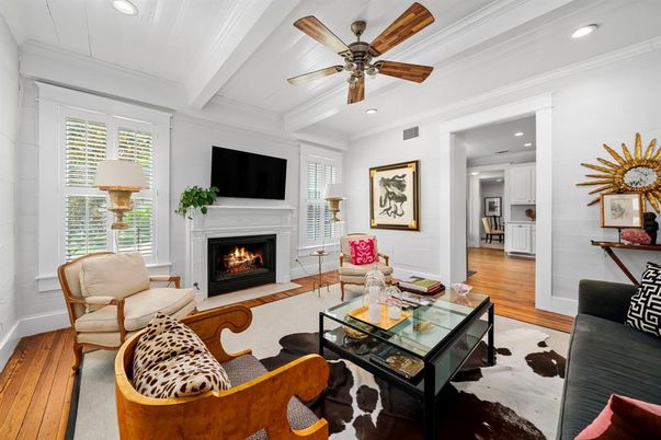 Fireplace, Interior, Living room, Recessed Lighting, Wood Texture Flooring
