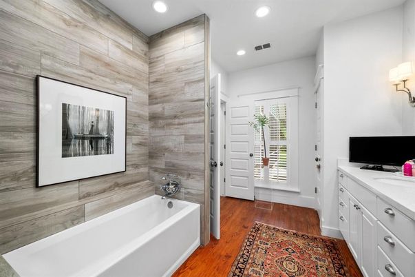 Bathroom, Interior, Recessed Lighting, Wood Texture Flooring, Wooden Walls