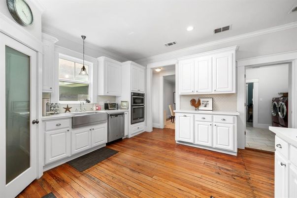 Interior, Kitchen, Pendant Lights, Recessed Lighting, Stainless Steel Appliances, Washer, Wood Texture Flooring